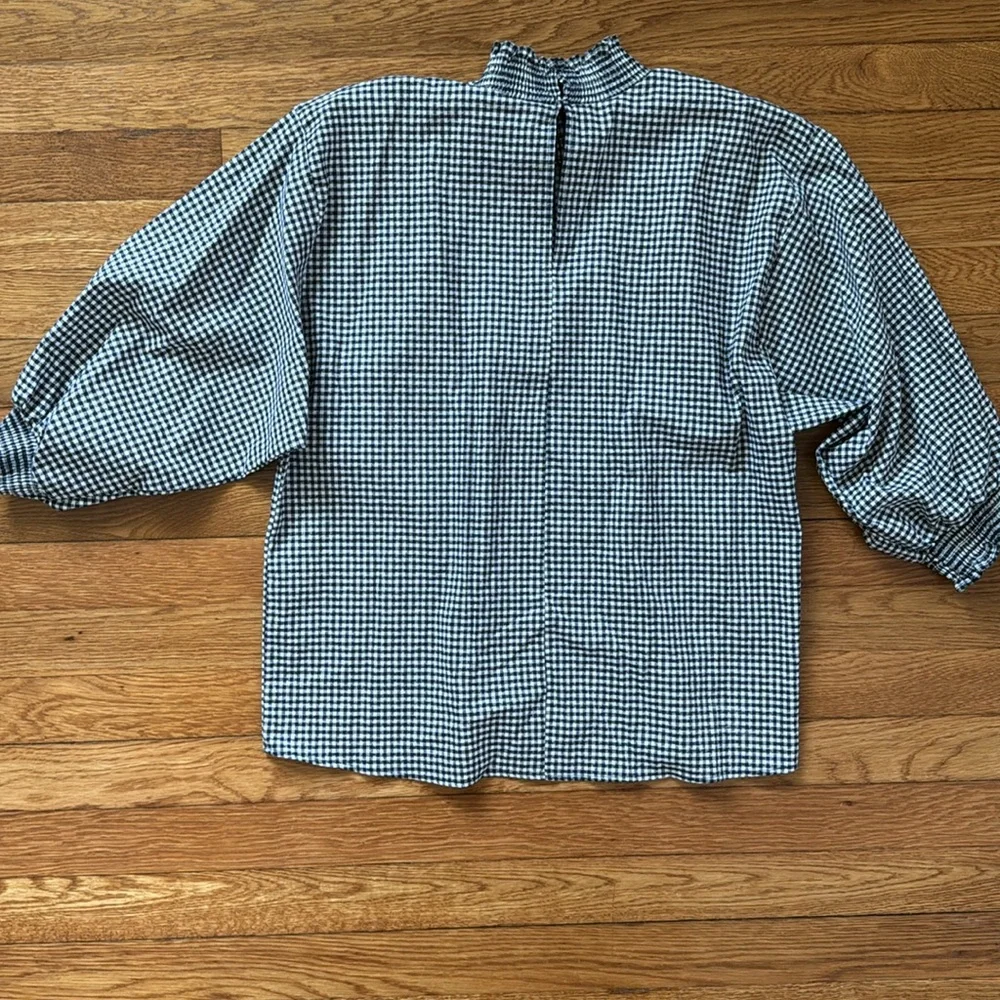 Zara Gingham Puff Sleeve Mock Neck Blouse
